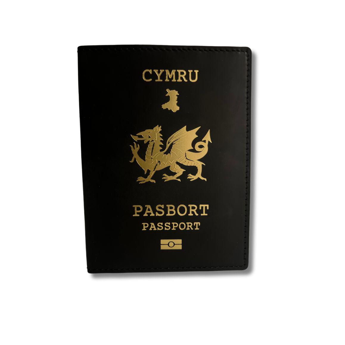 Black Leather Welsh Passport Travel Wallet