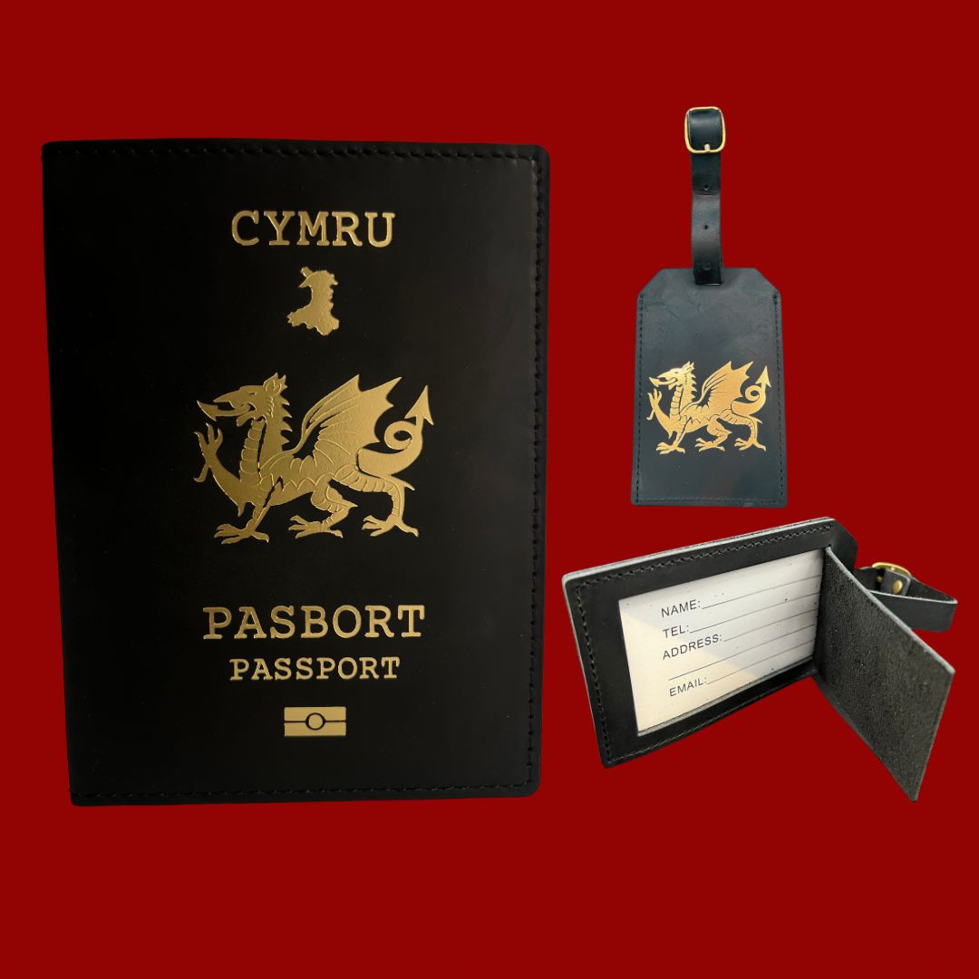 Black Leather Welsh Passport Travel Wallet & Luggage Tag Set